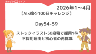 ストックイラスト50投稿で採用1件|不採用理由と初心者の再挑戦【AI×稼ぐ100日チャレンジ】Day54-59